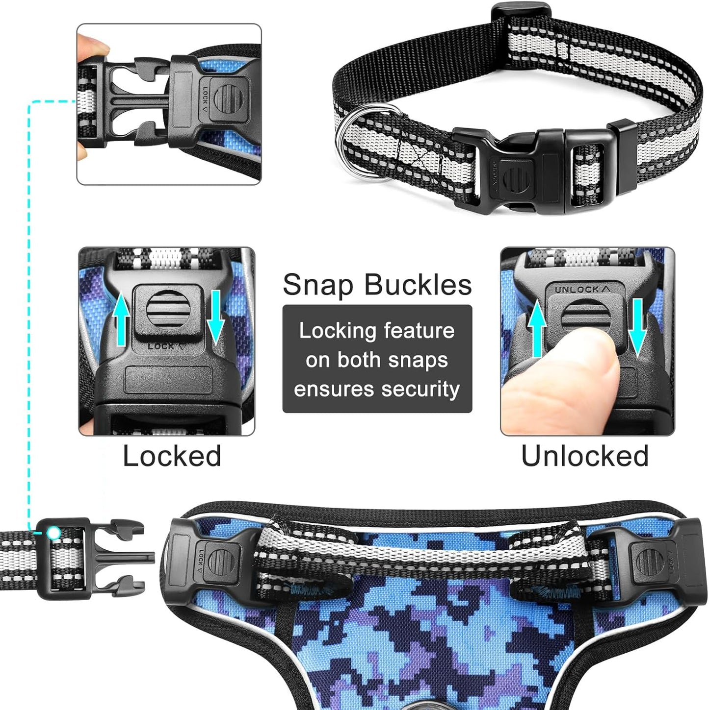 No Pull Dog Harness with Collar - Adjustable Reflective Outdoor Vest for All Dog Sizes, Front/Back Leash Clips & Easy Control Handle for Comfortable Walks