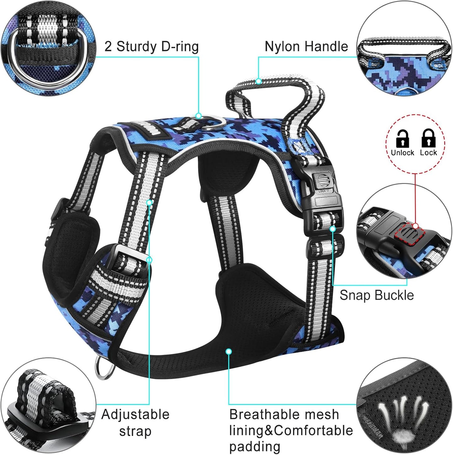 No Pull Dog Harness with Collar - Adjustable Reflective Outdoor Vest for All Dog Sizes, Front/Back Leash Clips & Easy Control Handle for Comfortable Walks