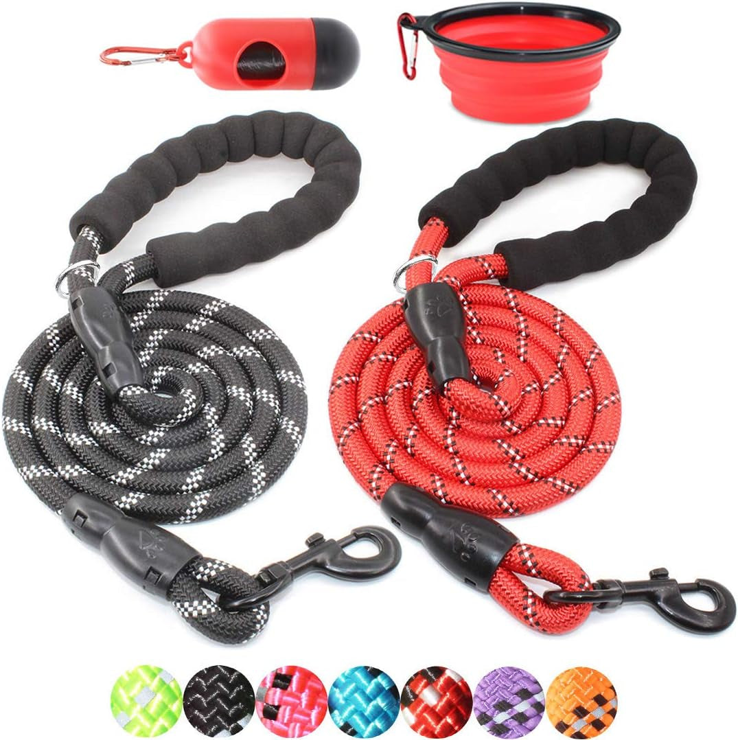 Premium 2-Pack 5/6 FT Dog Leashes with Padded Handle & Reflective Threads - Perfect for Small to Large Dogs (Black & Red)