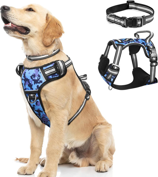 No Pull Dog Harness with Collar - Adjustable Reflective Outdoor Vest for All Dog Sizes, Front/Back Leash Clips & Easy Control Handle for Comfortable Walks