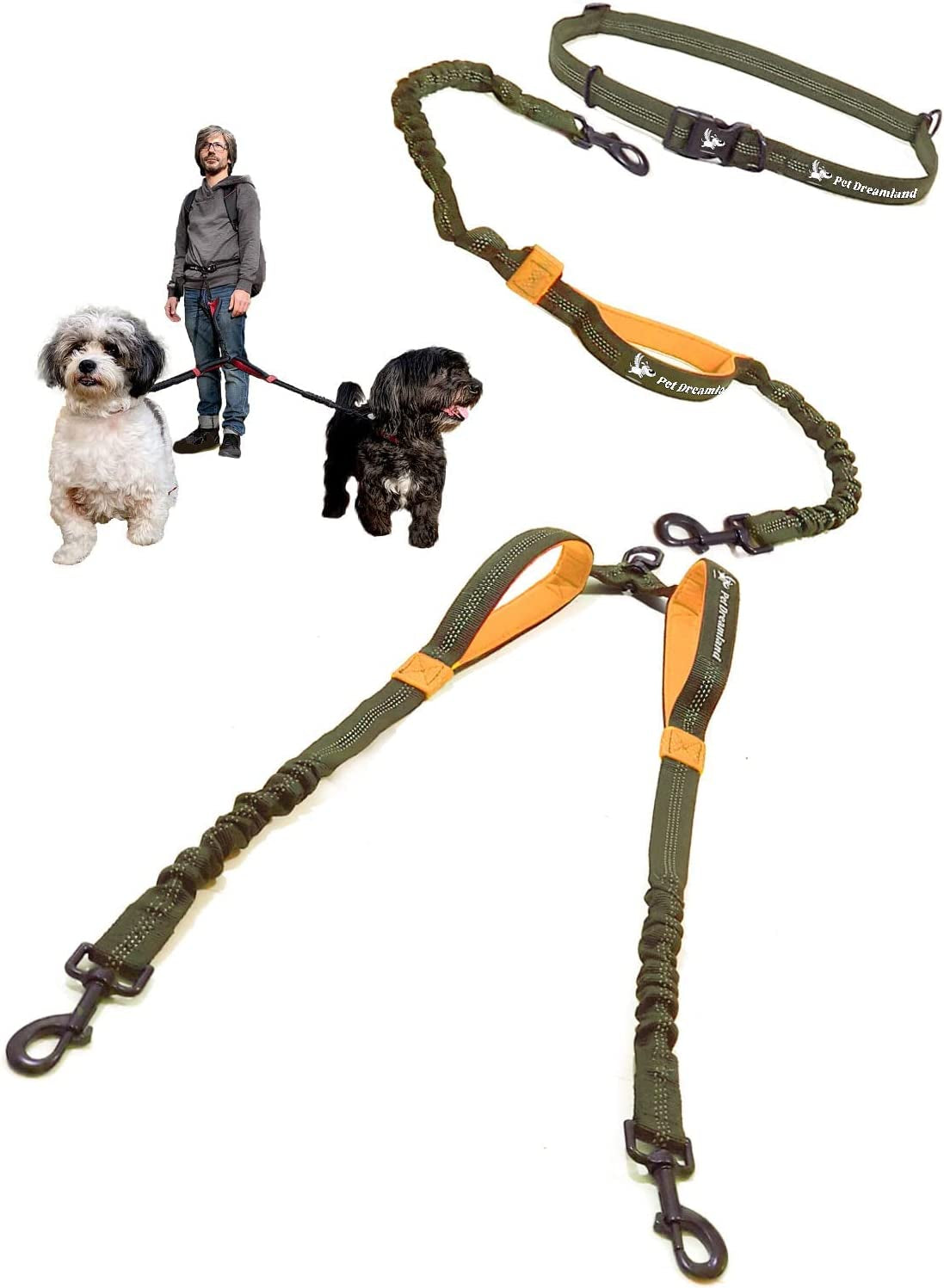 Revolutionary Hands-Free Double Dog Leash - Tangle-Free Swivel Design for Active Pet Owners (Khaki & Orange)