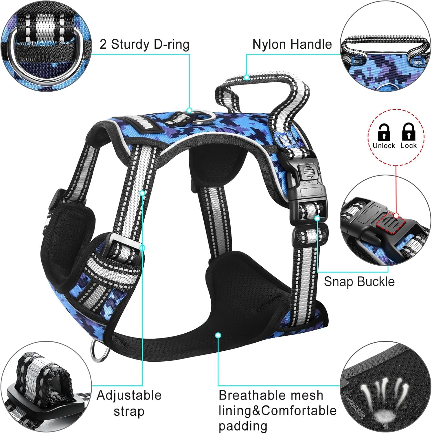 No Pull Dog Harness with Collar - Adjustable Reflective Outdoor Vest for All Dog Sizes, Front/Back Leash Clips & Easy Control Handle for Comfortable Walks