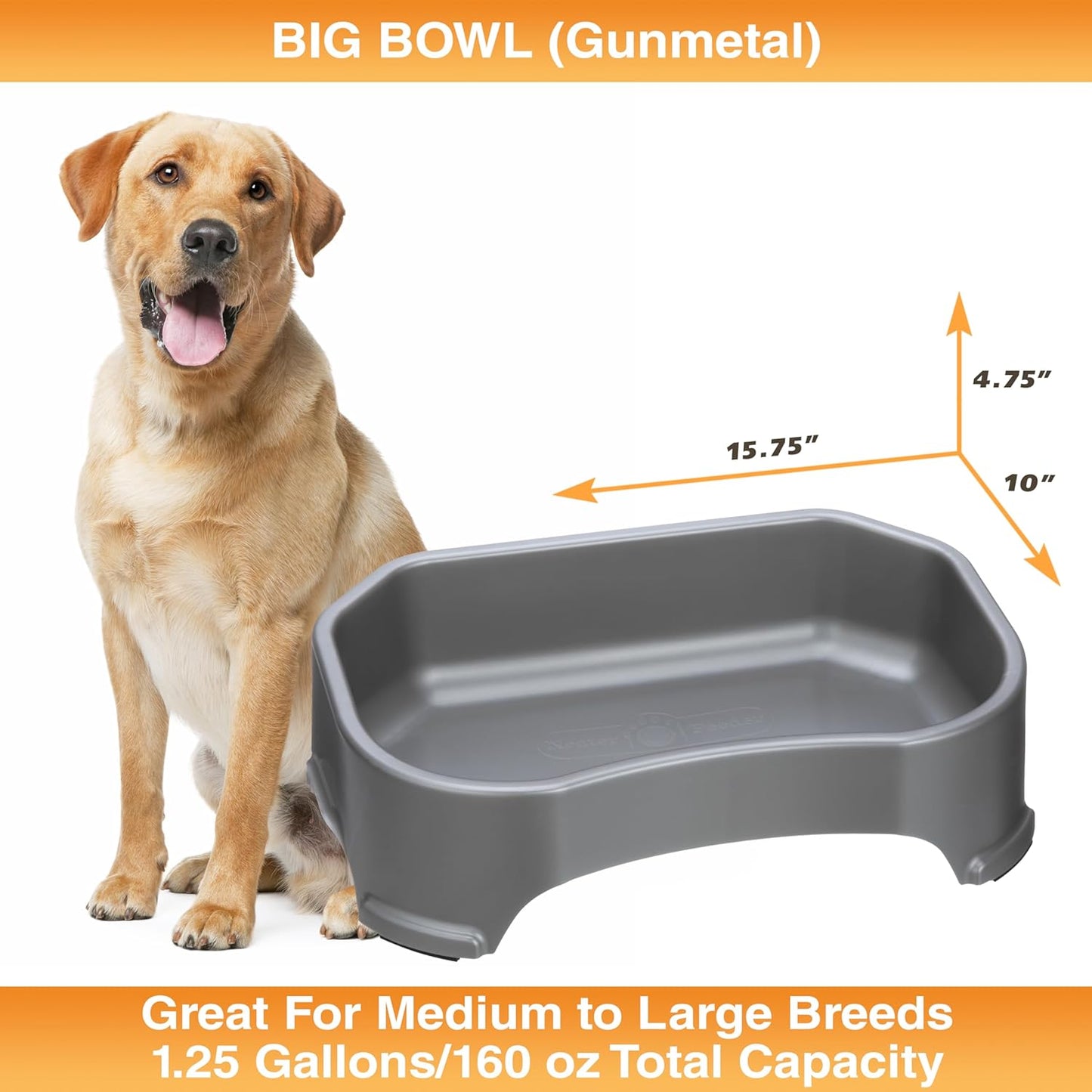 Extra-Large 1.25 Gallon No-Spill Outdoor Dog Water Bowl - Stylish Gunmetal Grey Trough Design for Indoor & Outdoor Use