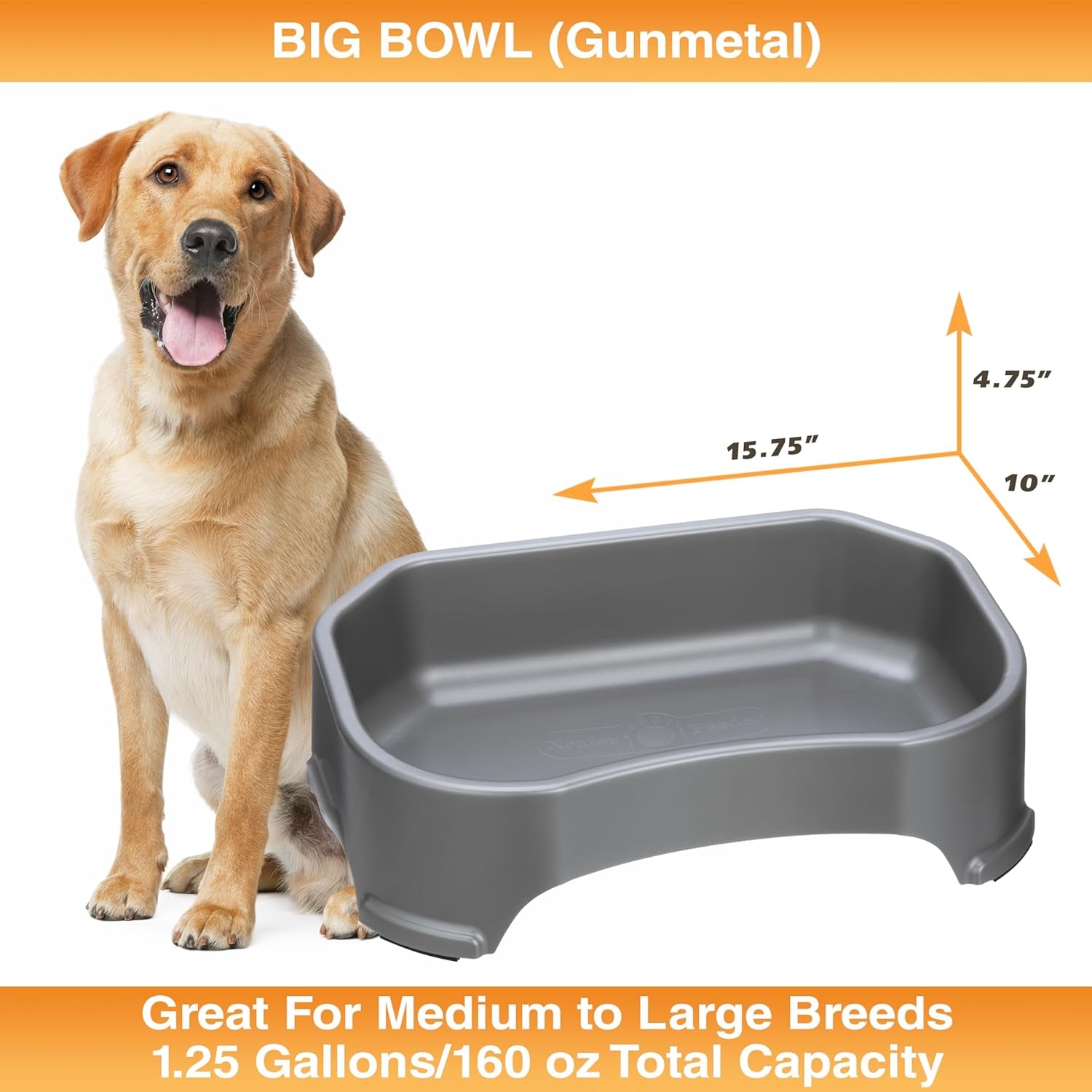 Extra-Large 1.25 Gallon No-Spill Outdoor Dog Water Bowl - Stylish Gunmetal Grey Trough Design for Indoor & Outdoor Use