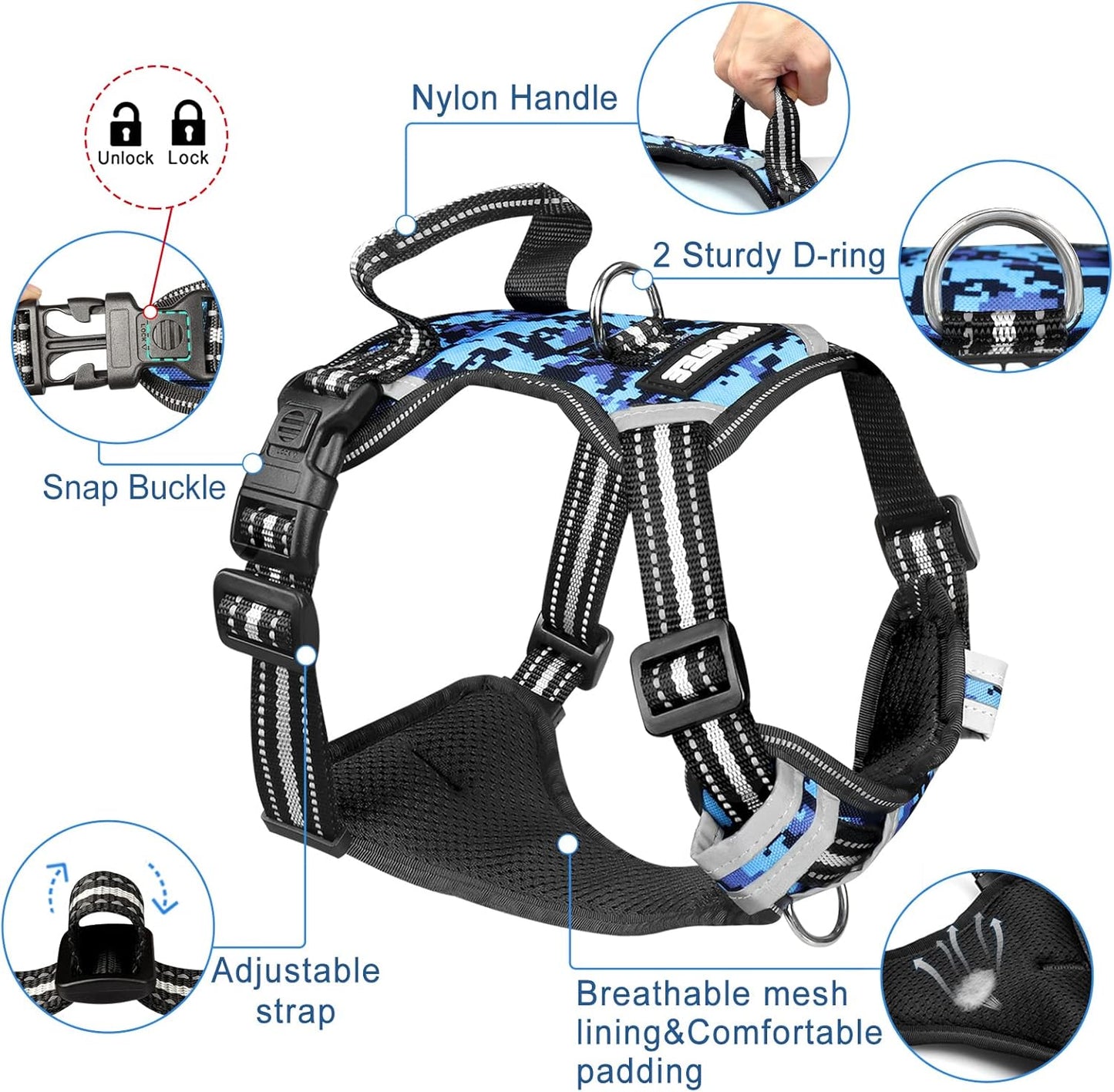 No Pull Dog Harness with Collar - Adjustable Reflective Outdoor Vest for All Dog Sizes, Front/Back Leash Clips & Easy Control Handle for Comfortable Walks