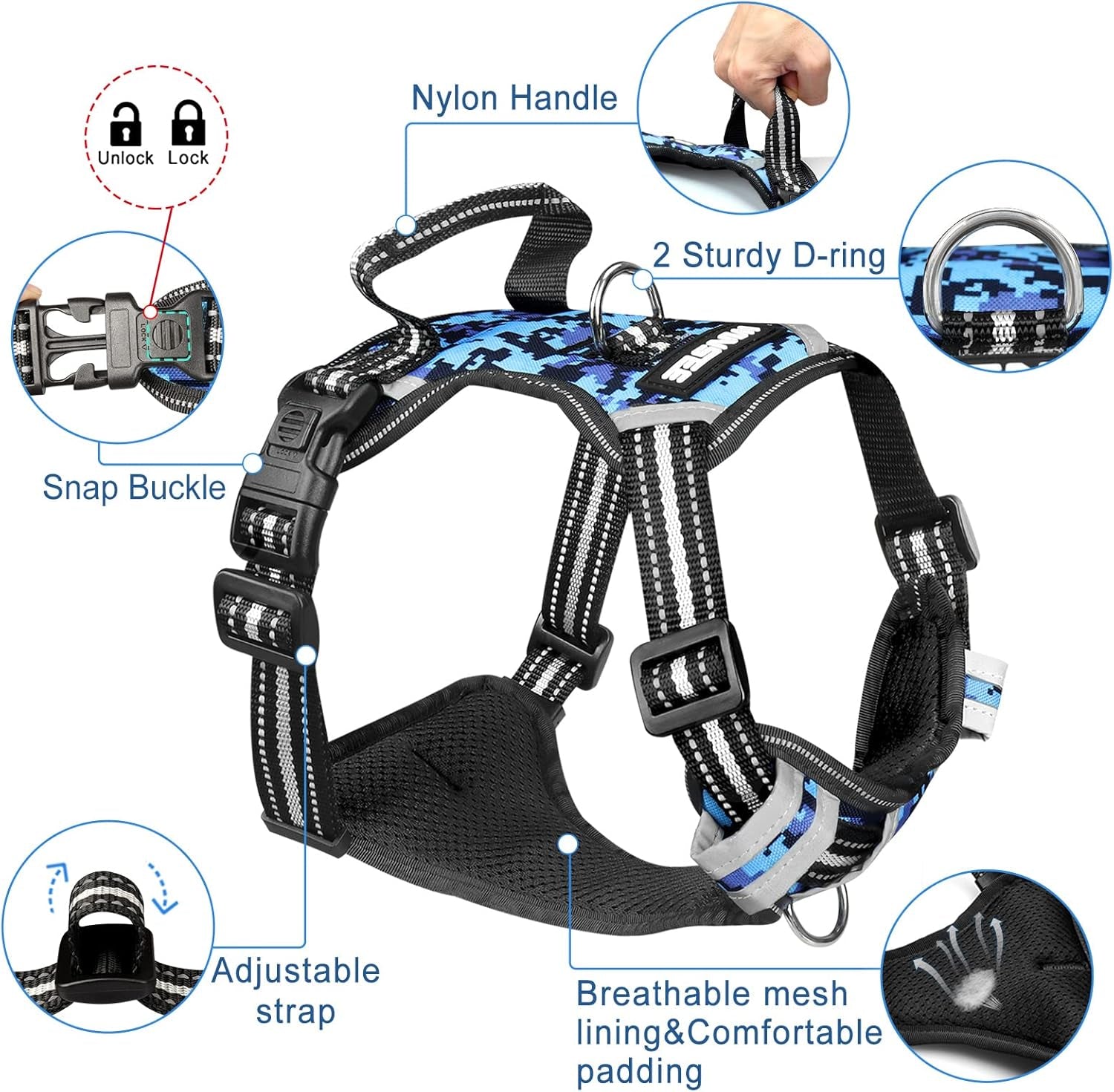No Pull Dog Harness with Collar - Adjustable Reflective Outdoor Vest for All Dog Sizes, Front/Back Leash Clips & Easy Control Handle for Comfortable Walks